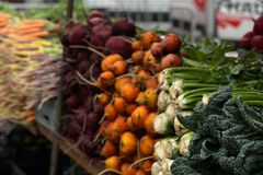 A vibrant display of fresh root vegetables and greens at an outdoor farmer's market, perfect for healthy living content.