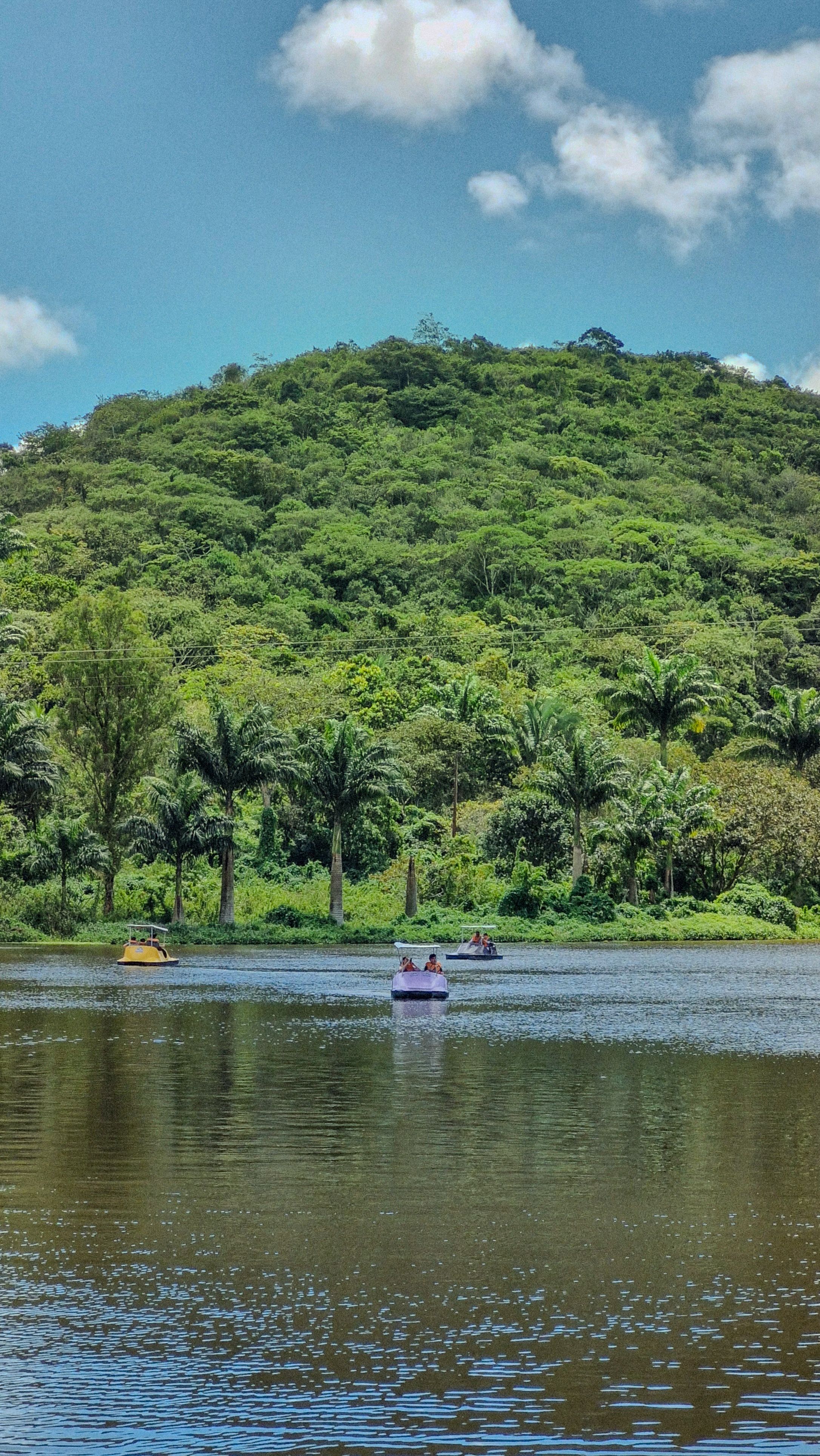 Fotomural Vista pintoresca de una colina verde y un lago con botes de remo en Guaramiranga, Brasil.