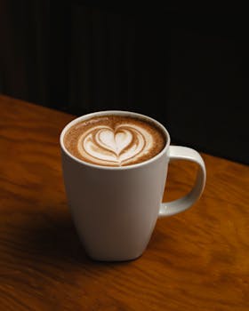 Close-up of a cappuccino with heart latte art on a wooden table, perfect for coffee lovers.