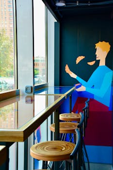 Bright café interior featuring vibrant wall art and stylish seating. Perfect for a modern ambiance.