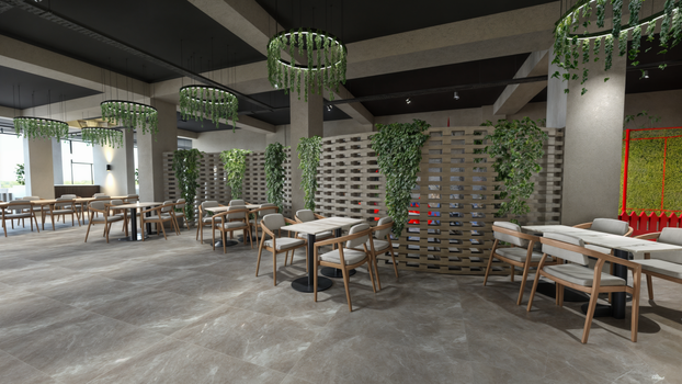Spacious contemporary dining room with green hanging plants and wooden furniture.