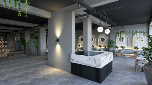 Free Sleek, modern restaurant interior with minimalist decor and contemporary lighting. Stock Photo
