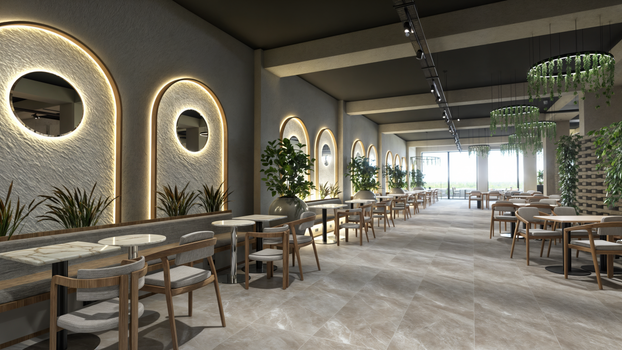 Spacious modern dining area with elegant furniture, warm lighting, and plant decorations.