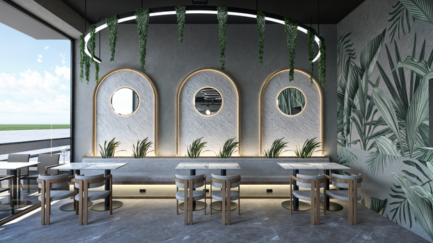 Stylish cafe interior featuring modern design with hanging plants and subtle lighting.