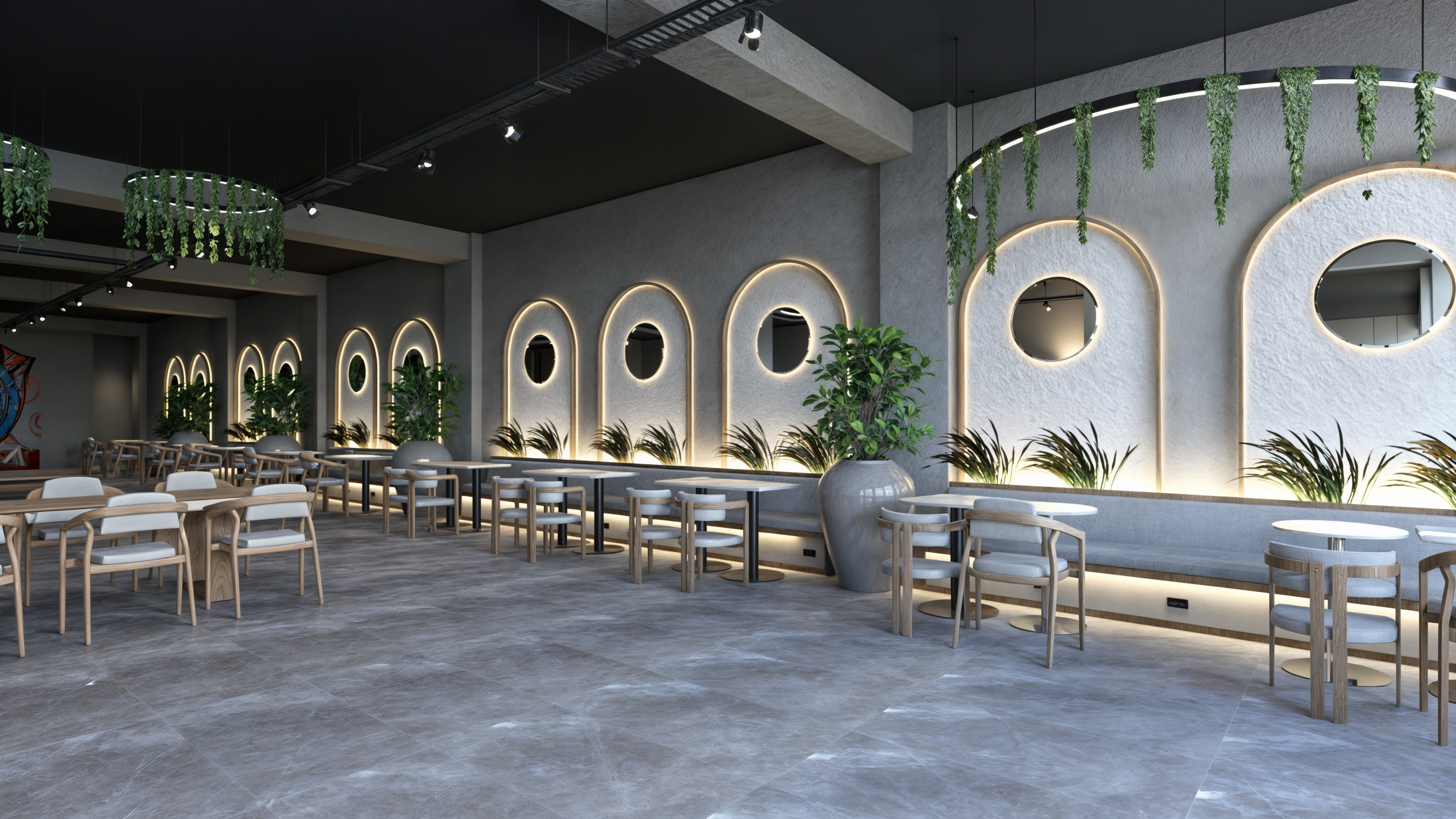 Luxurious modern restaurant interior featuring elegant seating and green decor accents.
