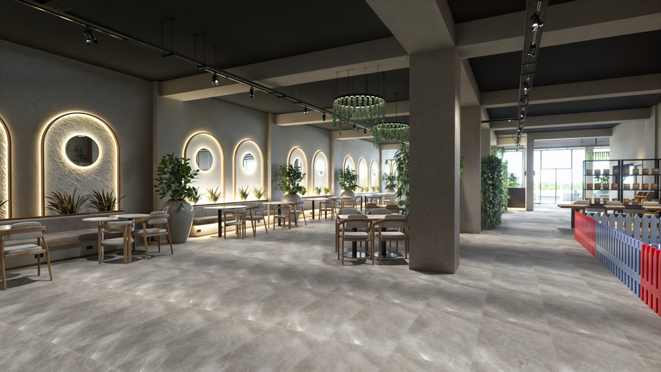 Cozy cafe interior in Manama, Bahrain, with a barista preparing coffee