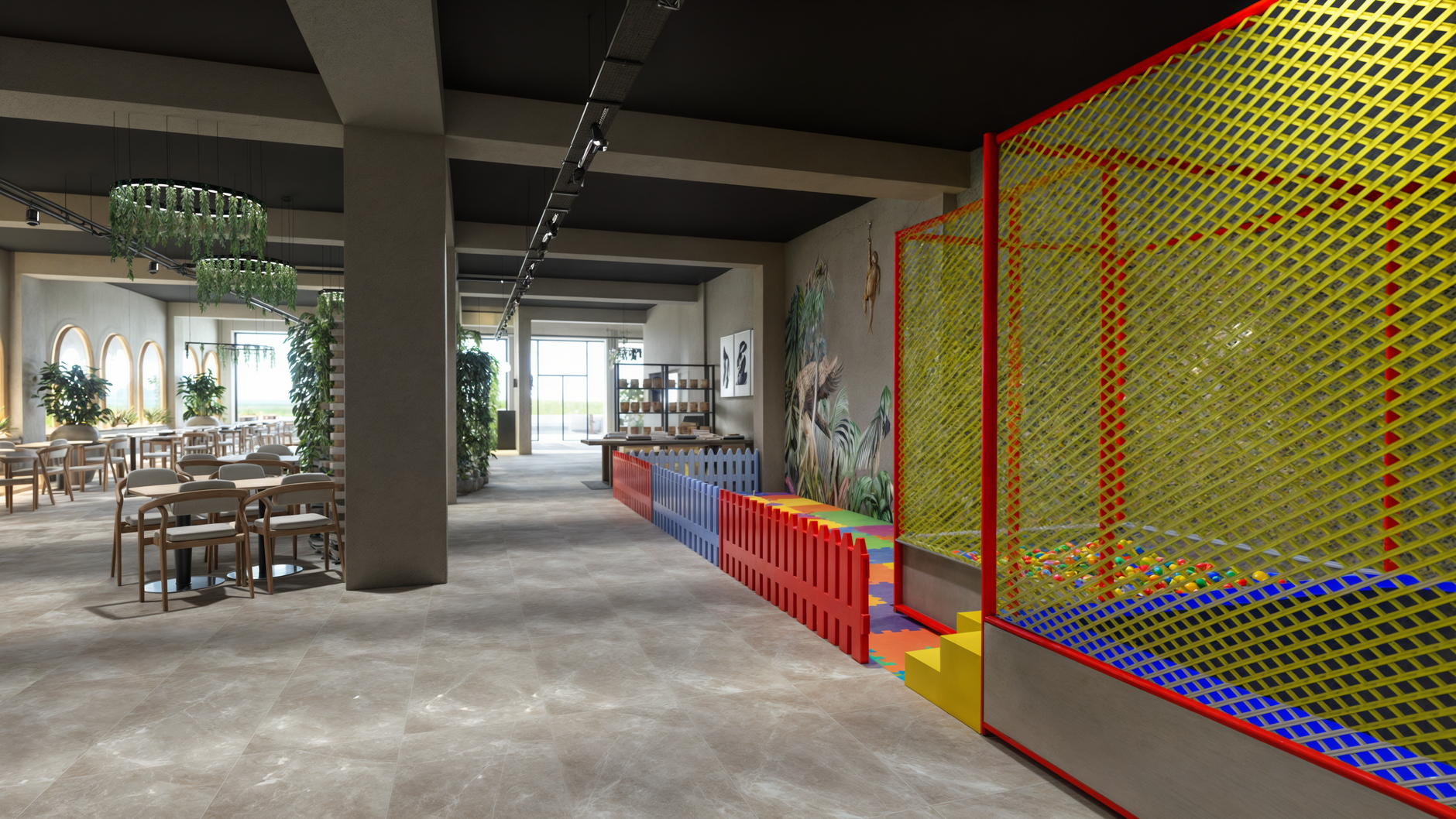 A stylish combination of dining area and children’s play zone in a modern interior setting.