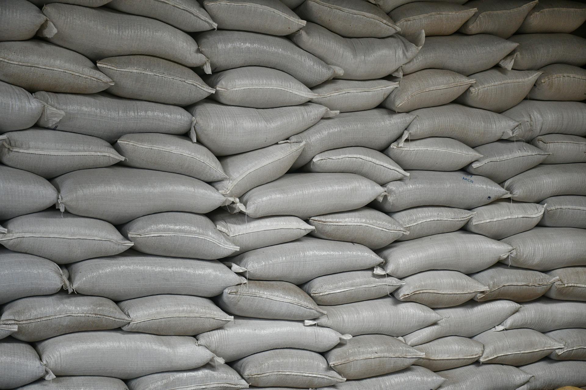 Neatly arranged white bags stacked in a warehouse, depicting storage and logistics.