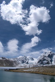 在多云的天空下，雪山与湖泊的景色令人叹为观止，非常适合激发旅行灵感