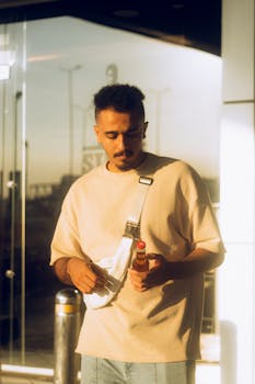 A man in casual attire stands outdoors with a soda bottle, enjoying the golden light in Giza, Egypt.