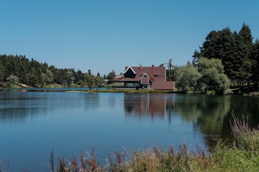 Tranquil lakeside house surrounded by trees and calm water reflections.