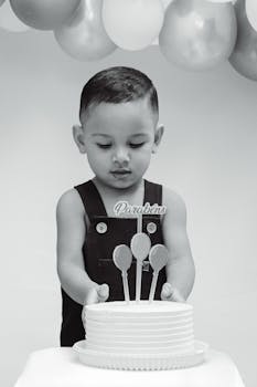Cute child with cake and balloons, celebrating a birthday indoors.