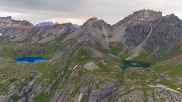 A breathtaking aerial view of mountains and alpine lakes in Ophir, Colorado.