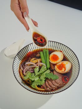 Savor this hearty Asian beef soup with eggs, vegetables, and rich broth.