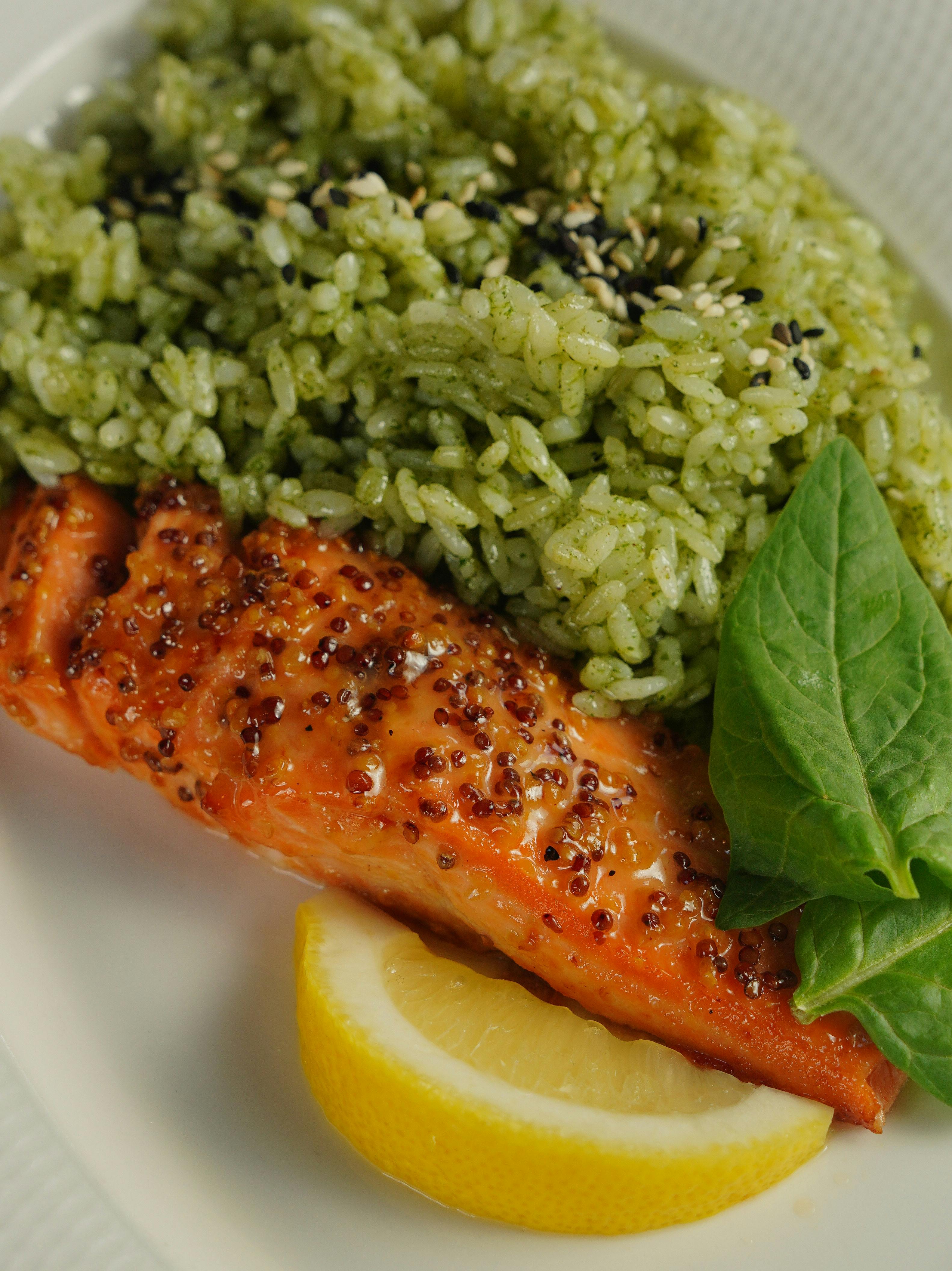 A plate with salmon and rice on it
