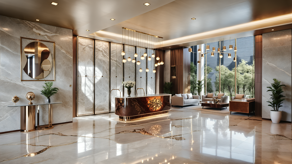 Marble-floored serviced residence lobby in Apgujeong with evening light and a single reception desk