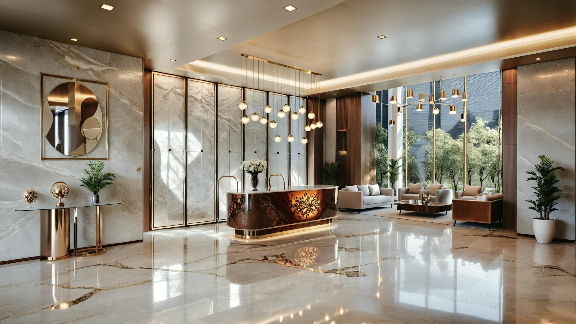 Elegant hotel lobby featuring marble floors, modern chandeliers, and sleek furniture.