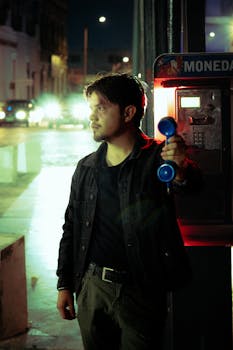 A mysterious man holds a phone at night, evoking suspense and intrigue.