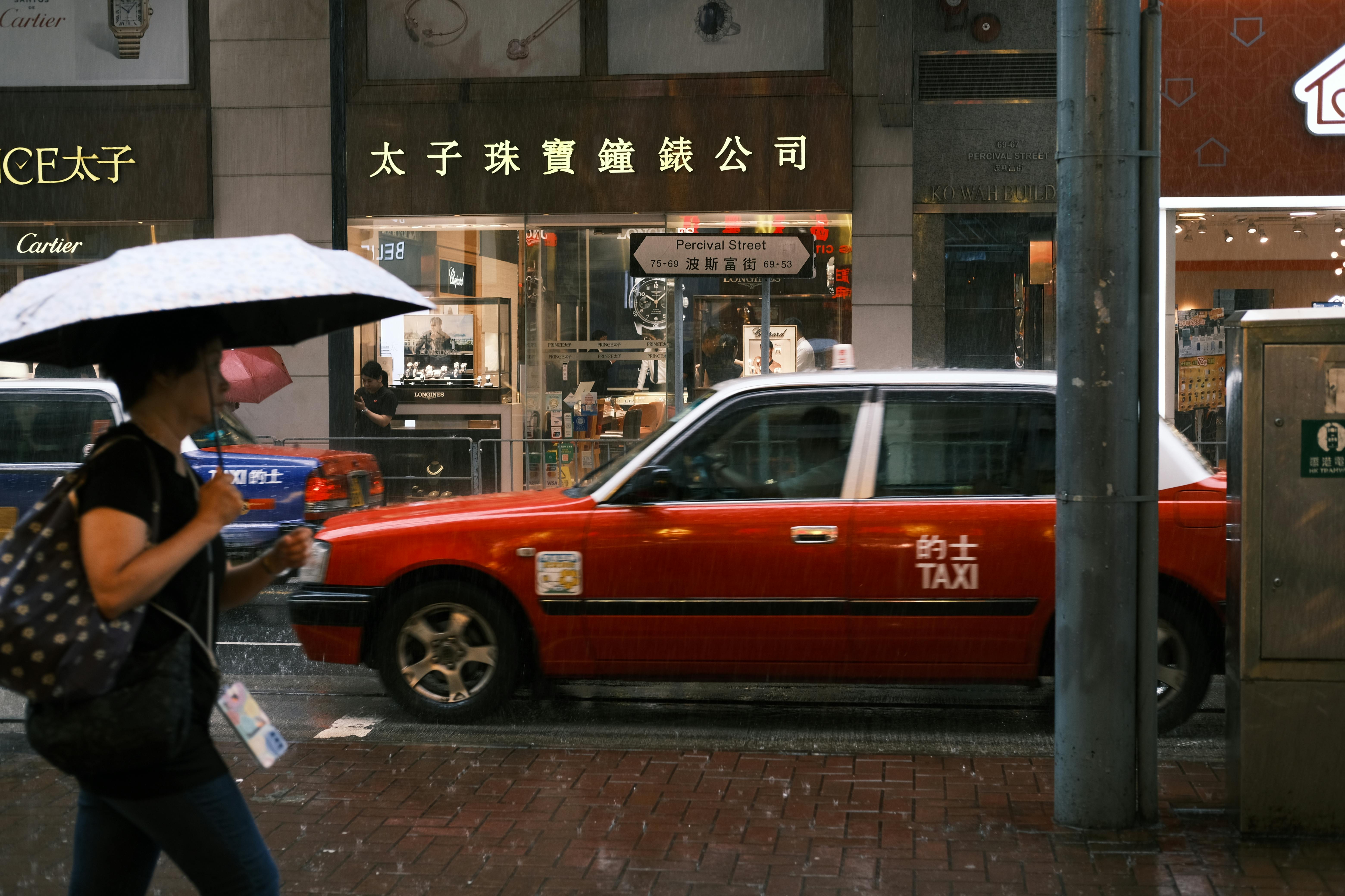 a woman is walking down the street with an umbrella