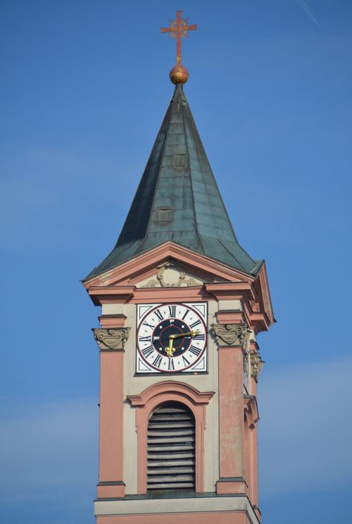 Free Close-up of an ancient church tower with a clock and cross, perfect for travel or architecture themes. Stock Photo