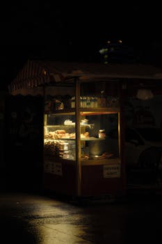 A warmly lit street food stall selling pastries at night, creating a cozy and inviting ambiance.