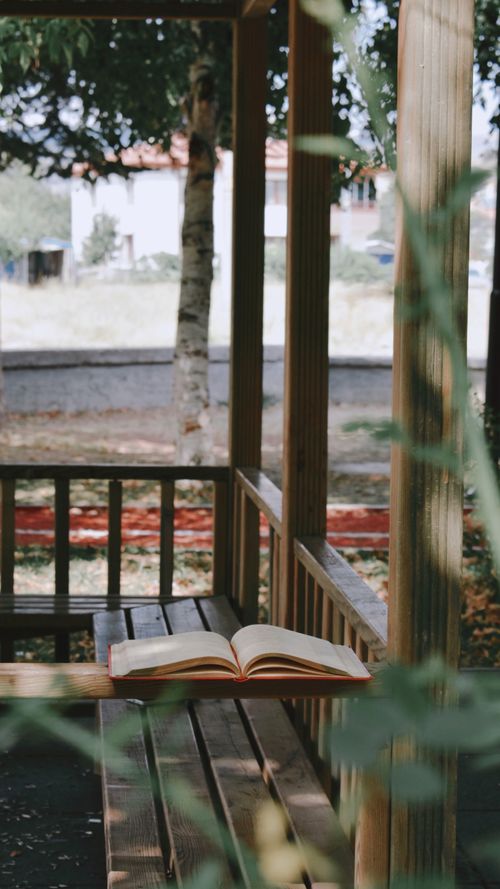 Free A serene outdoor space with a wooden bench and open book, perfect for reading and relaxation. Stock Photo