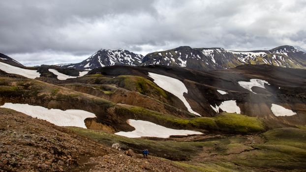 Breathtaking view of snow-capped Landmannalaugar mountains in Iceland.