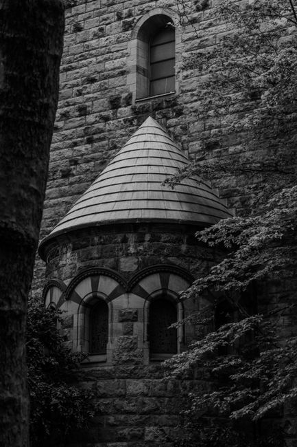 Black and white image of a gothic stone tower surrounded by lush trees.
