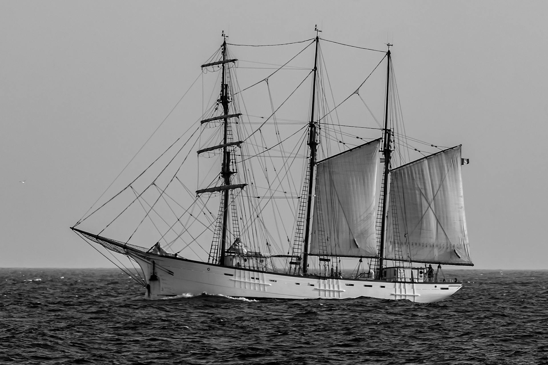 A graceful schooner with sails unfurled, sailing across the ocean in a black and white image.