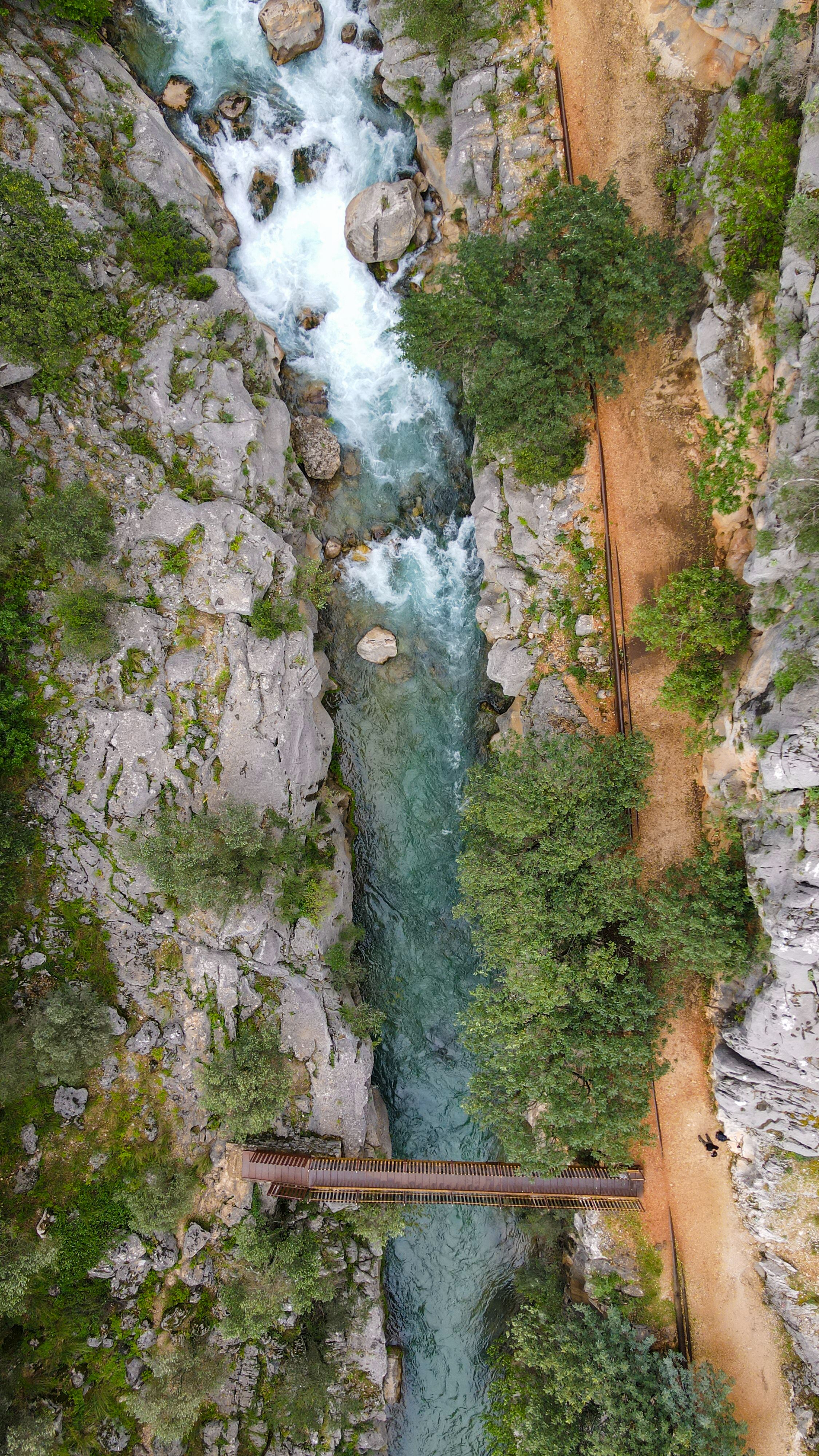 An aerial view of a river and a bridge · Free Stock Photo