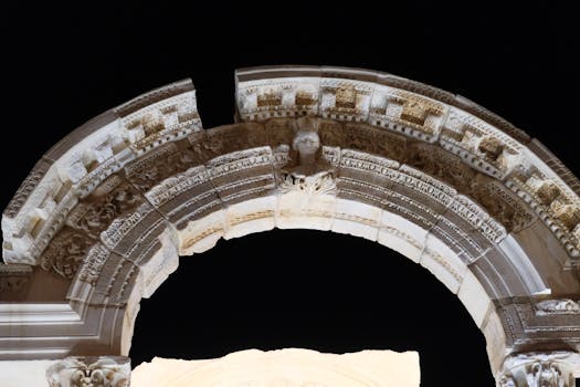 Beautifully detailed view of Roman architectural arch at night in İzmir, Türkiye.