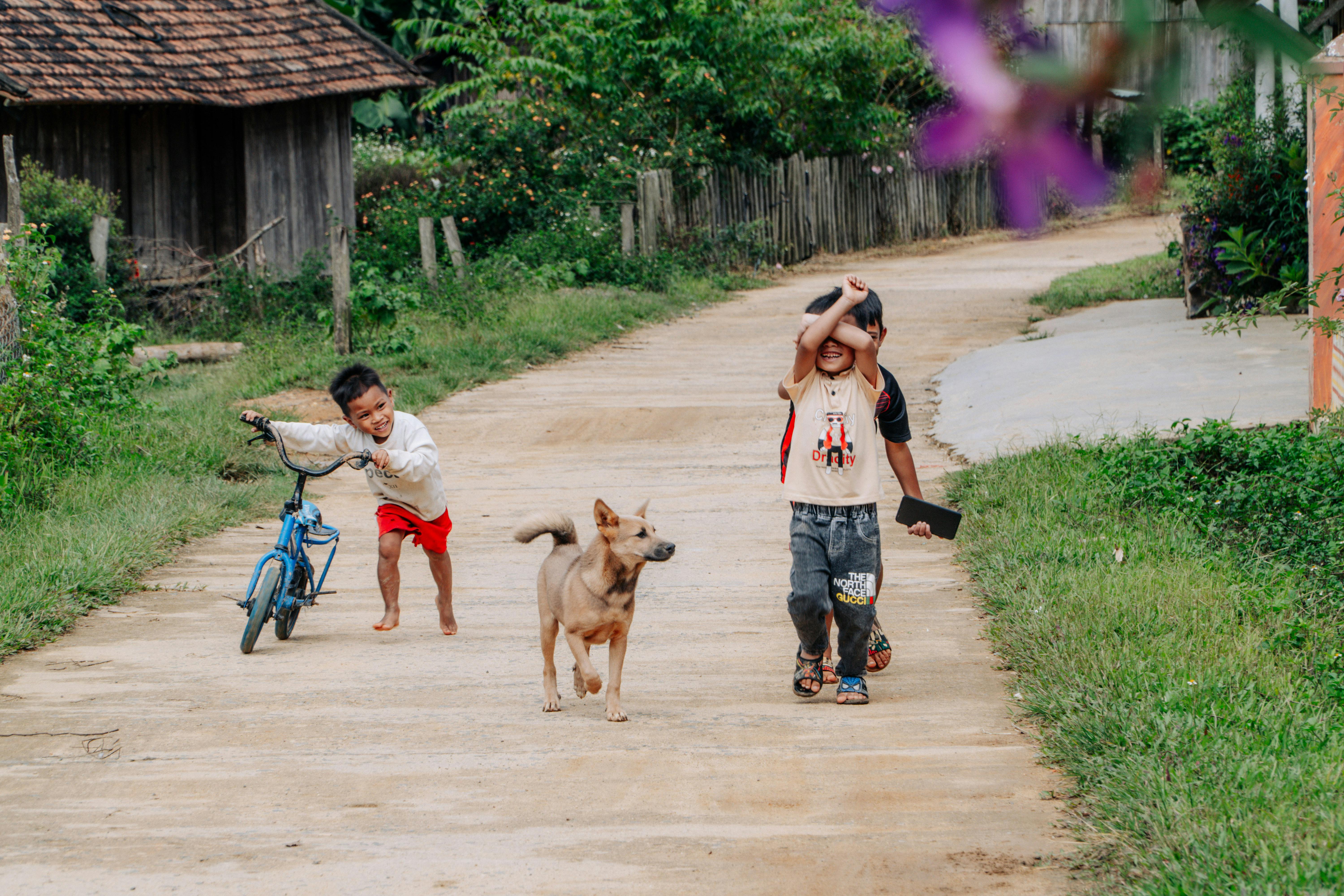 boys walking with dog on road in village