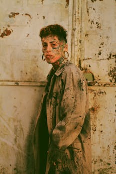 A tattooed adult with piercings poses against a grungy urban backdrop, exuding an artistic vibe.