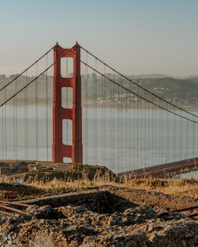 Stunning sunrise view of the iconic Golden Gate Bridge in San Francisco, highlighting its majestic architecture.