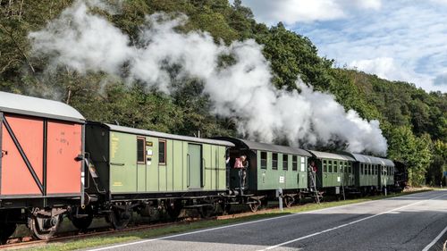 Free A historical steam train releasing smoke in Geesthacht, Germany, evoking nostalgia and industrial charm. Stock Photo