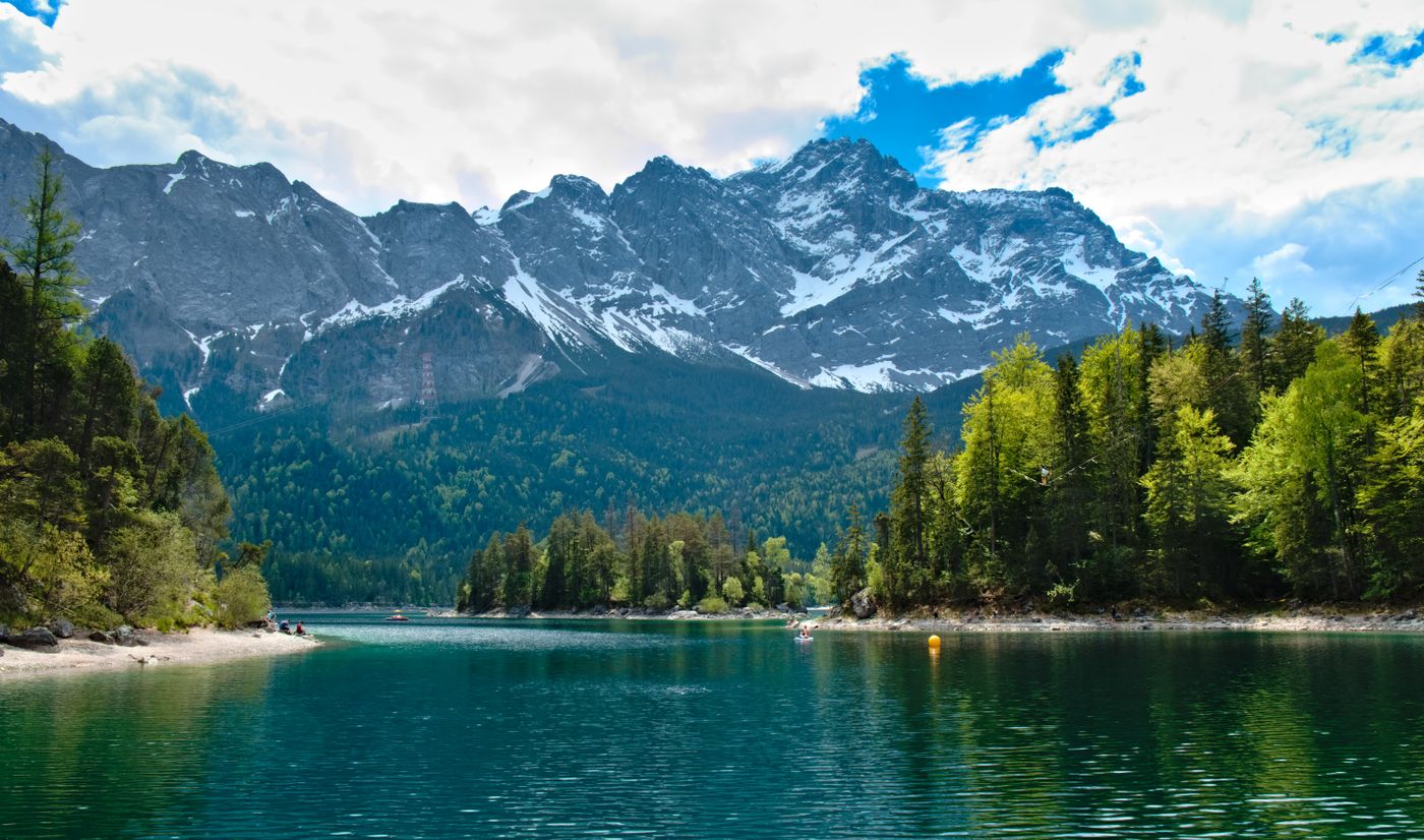 Eibsee lake and the Zugspitze mountains in Bavaria, Germany