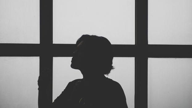 A striking silhouette of a person posing against large window panels.