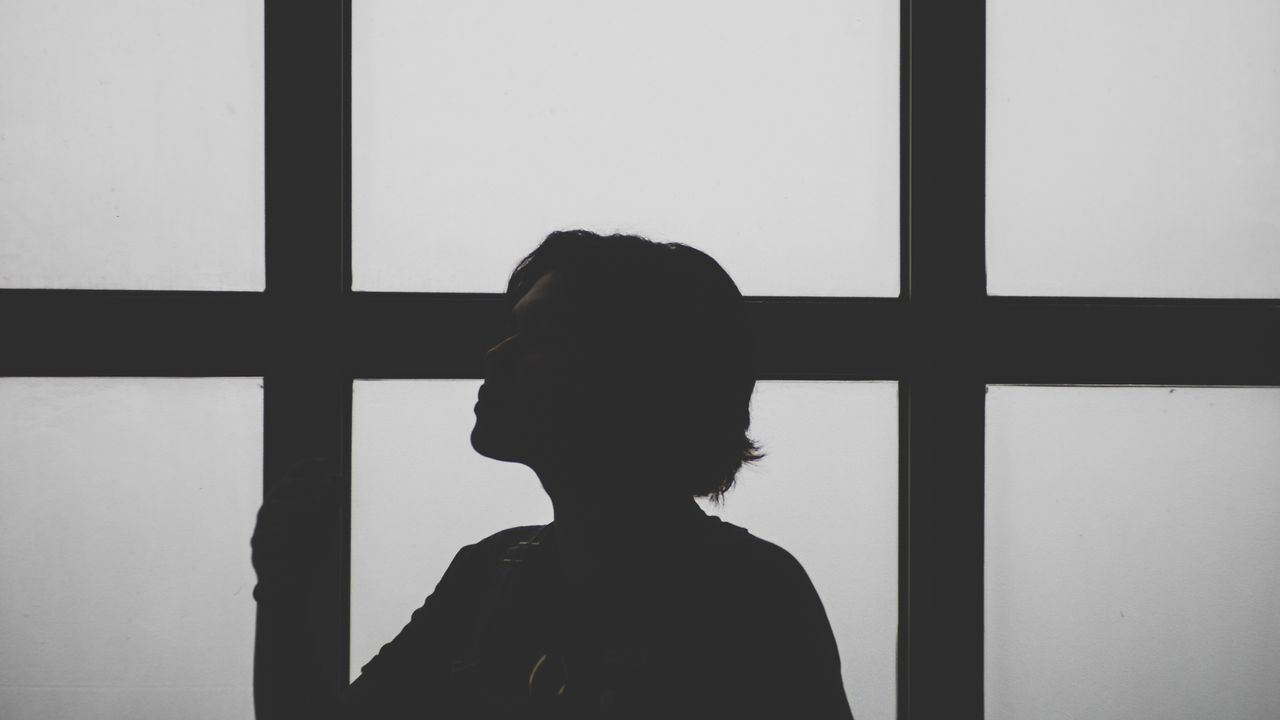 a striking silhouette of a person posing against large window panels