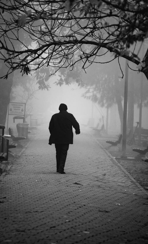 Free A solitary figure walks on a foggy, deserted street in winter Istanbul, creating a moody atmosphere. Stock Photo