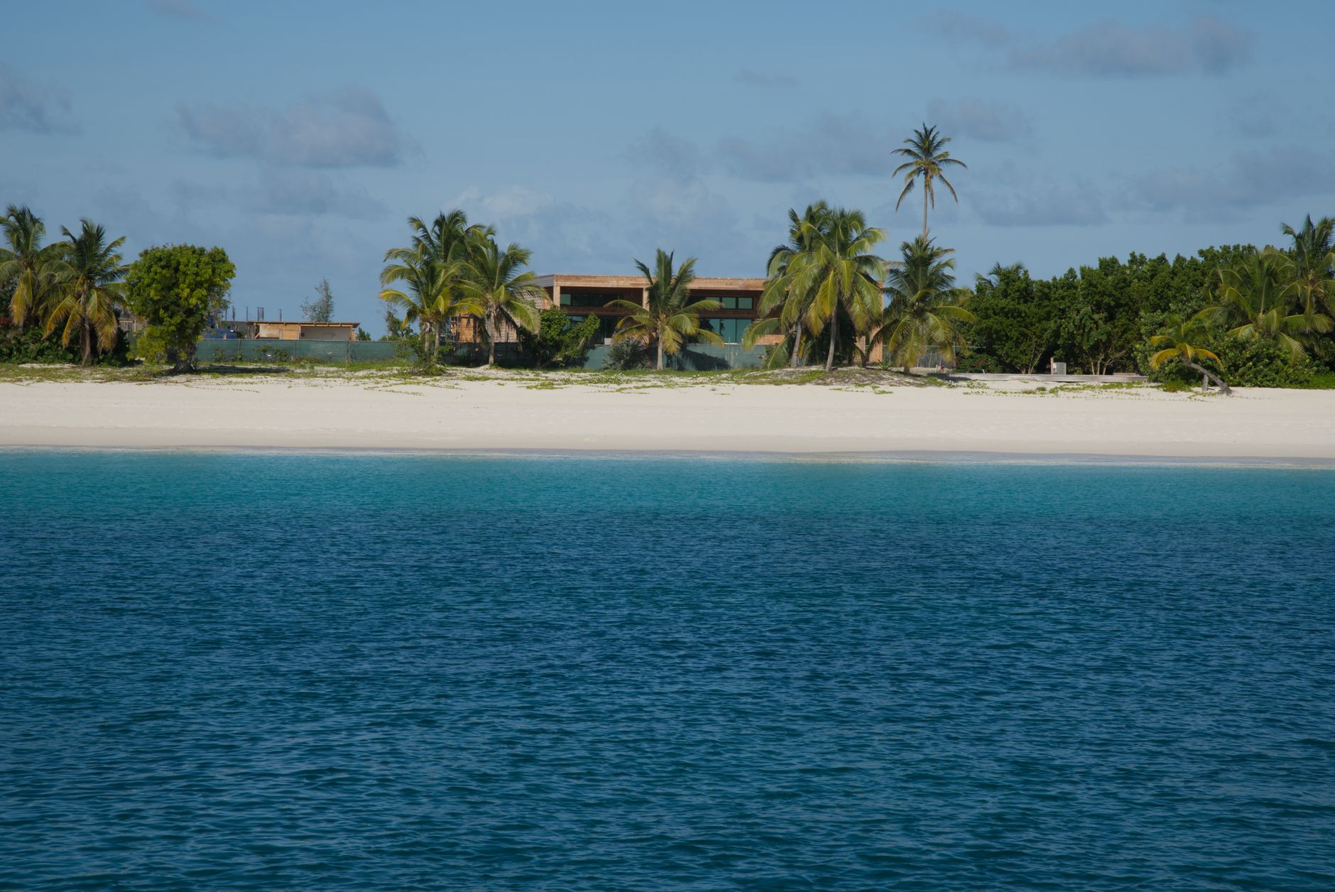Serene tropical island beach with palm trees by calm turquoise waters, ideal for vacation.