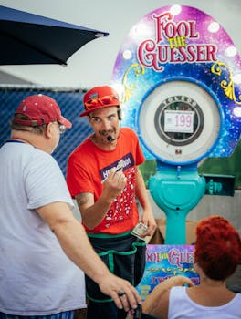 A lively carnival game host interacting with visitors outdoors, promoting fun and excitement.