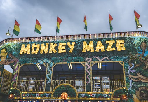 Colorful Monkey Maze amusement ride with bright lights and flags, captured at dusk under a cloudy sky.