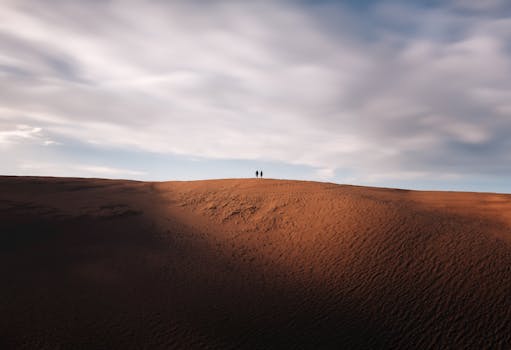 A lone person stands on top of a sand dune