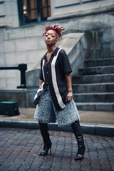 Stylish woman with red hair poses confidently outdoors in Georgetown, Guyana.