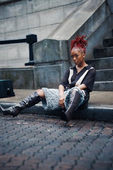 Young woman with red hair sitting on Georgetown street showcases modern urban fashion.