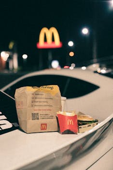McDonald's takeout rests on a car hood with an illuminated sign in the background at night.