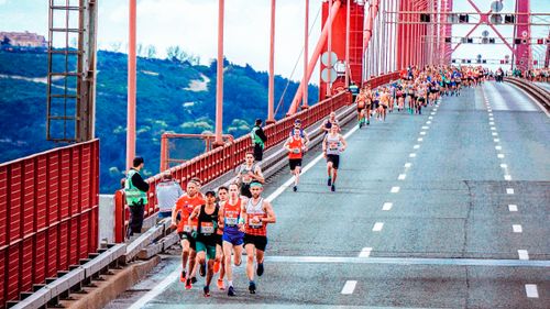 Free A group of marathon runners in an urban race, highlighting endurance and competition. Stock Photo