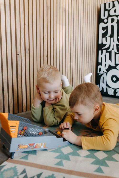 Free Two young boys play with toys indoors on a patterned rug, enjoying leisure time together. Stock Photo