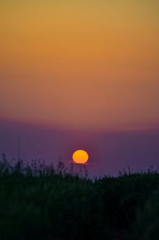 Bright and colorful sunset with orange sky above horizon, perfect serene moment.