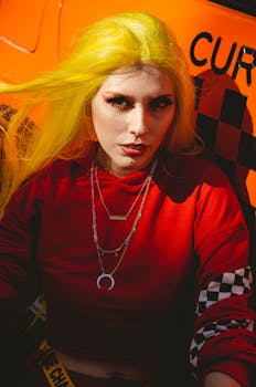 户外，一位黄发红衣的女子引人注目，时尚肖像